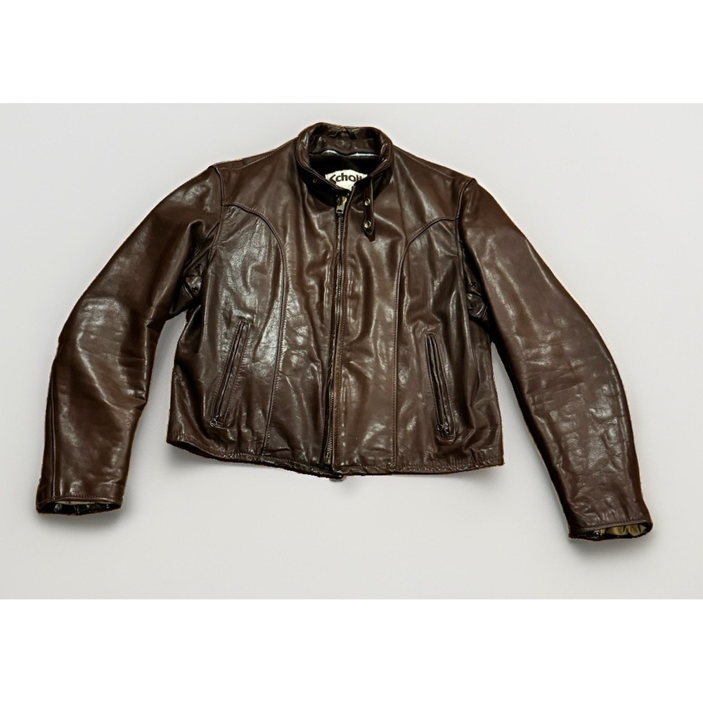 Schott NYC 70s Cafe Racer Biker Leather Jacket Men's 46 Perfecto Brown USA 80s